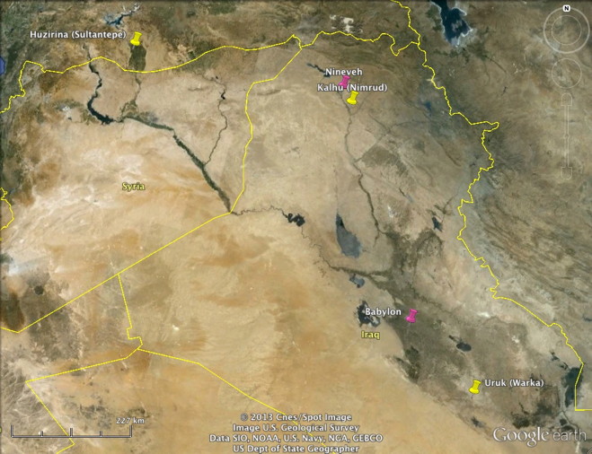 Map showing the location of Huzirina, Kalhu and Uruk