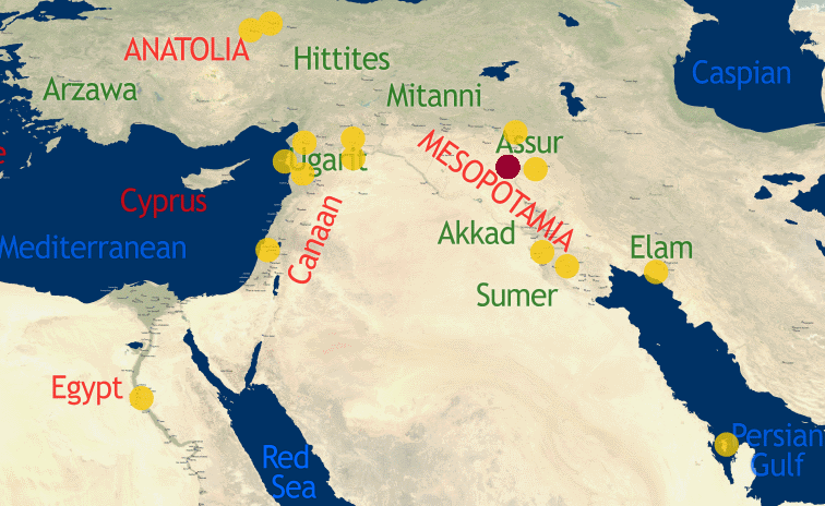 Map of the Ancient Near East in the Middle Babylonian period with yellow dots that link to discussions of the lexical texts in the thus marked places and a red dot for Assur.