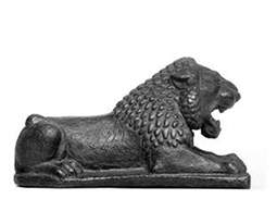 Bronze lion-weight from the Northwest Palace at Nimrud, with an inscription in Aramaic visible on lion's right flank